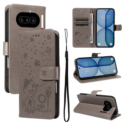 For Nothing Phone 4a Cat and Bee Embossed Flip Leather Phone Case Wallet Cover with Card Slots Cash Pocket Magnetic Stand Protective Shockproof TPU PU Leather Case with Wrist Strap