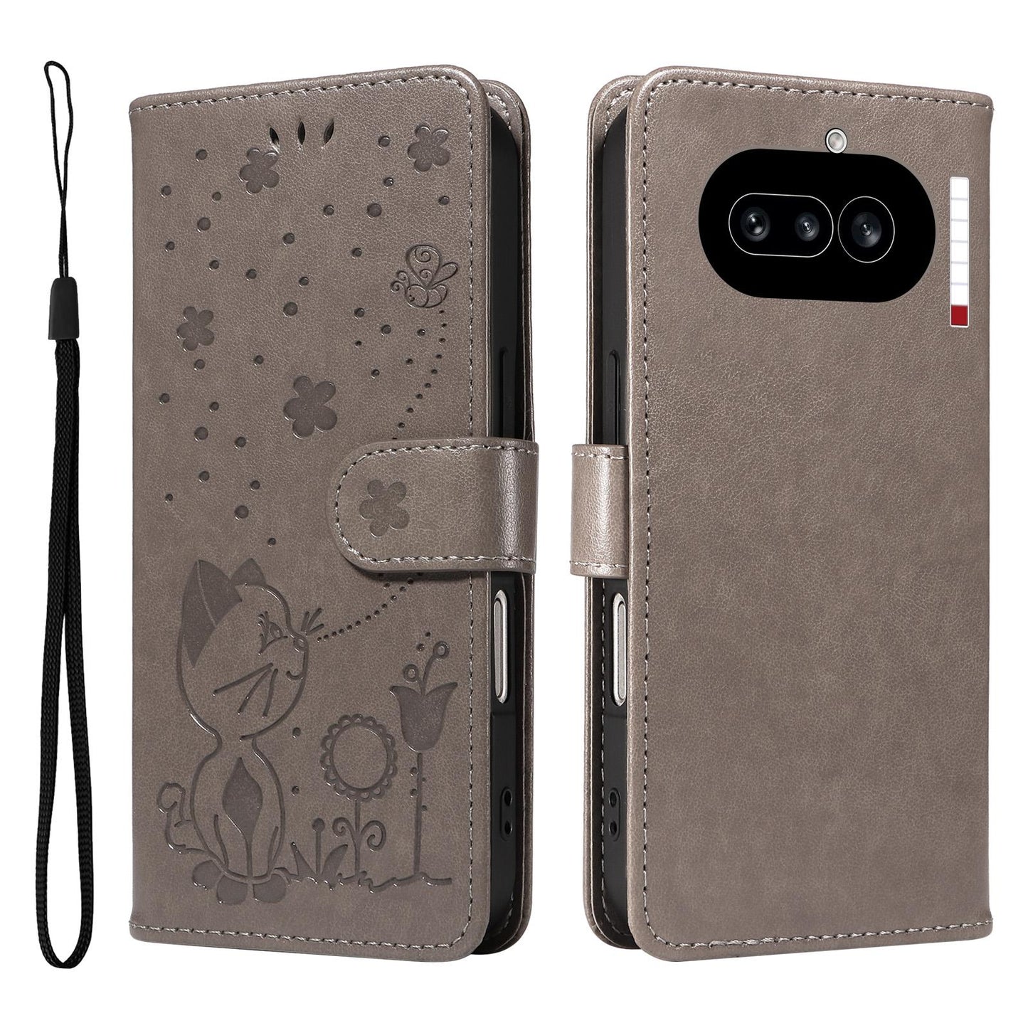 For Nothing Phone 4a Cat and Bee Embossed Flip Leather Phone Case Wallet Cover with Card Slots Cash Pocket Magnetic Stand Protective Shockproof TPU PU Leather Case with Wrist Strap