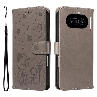 For Nothing Phone 4a Cat and Bee Embossed Flip Leather Phone Case Wallet Cover with Card Slots Cash Pocket Magnetic Stand Protective Shockproof TPU PU Leather Case with Wrist Strap