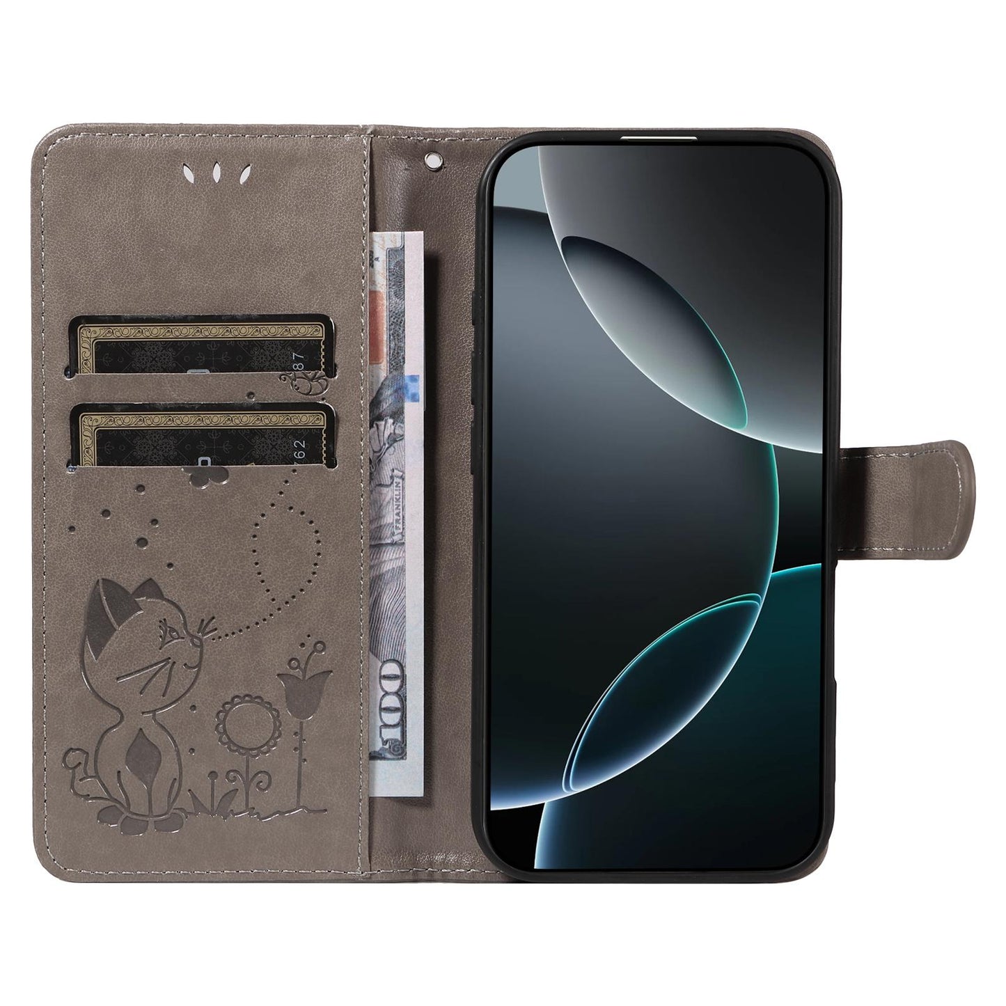 For Nothing Phone 4a Cat and Bee Embossed Flip Leather Phone Case Wallet Cover with Card Slots Cash Pocket Magnetic Stand Protective Shockproof TPU PU Leather Case with Wrist Strap