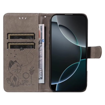 For Nothing Phone 4a Cat and Bee Embossed Flip Leather Phone Case Wallet Cover with Card Slots Cash Pocket Magnetic Stand Protective Shockproof TPU PU Leather Case with Wrist Strap