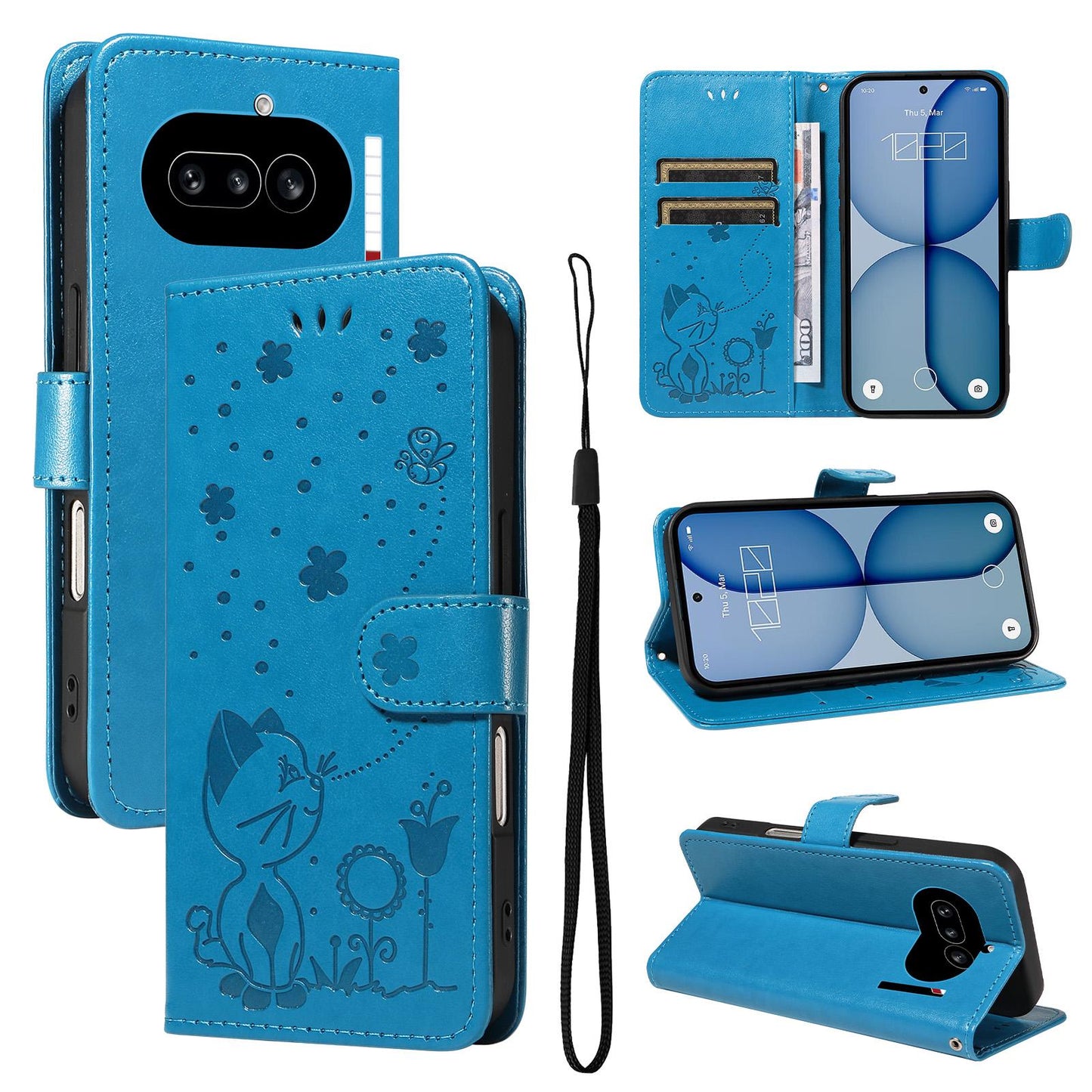 For Nothing Phone 4a Cat and Bee Embossed Flip Leather Phone Case Wallet Cover with Card Slots Cash Pocket Magnetic Stand Protective Shockproof TPU PU Leather Case with Wrist Strap