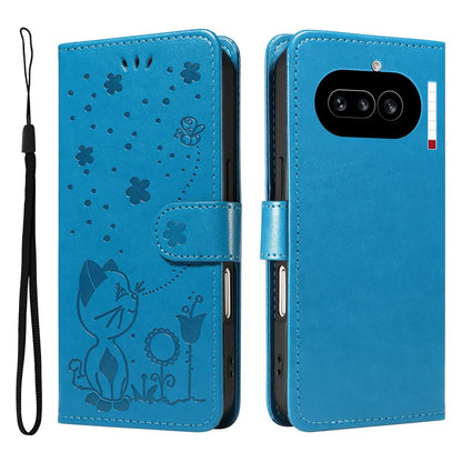 For Nothing Phone 4a Cat and Bee Embossed Flip Leather Phone Case Wallet Cover with Card Slots Cash Pocket Magnetic Stand Protective Shockproof TPU PU Leather Case with Wrist Strap