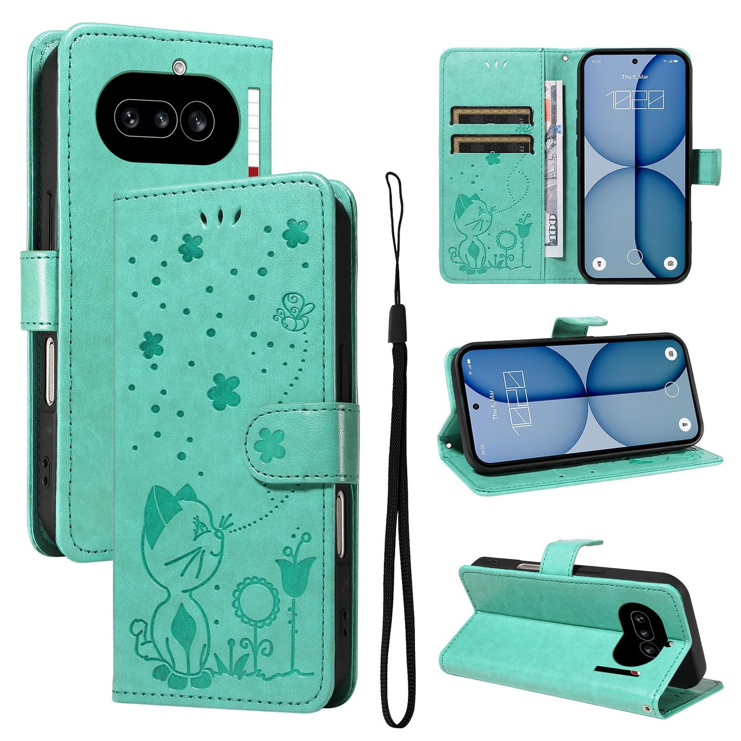 For Nothing Phone 4a Cat and Bee Embossed Flip Leather Phone Case Wallet Cover with Card Slots Cash Pocket Magnetic Stand Protective Shockproof TPU PU Leather Case with Wrist Strap