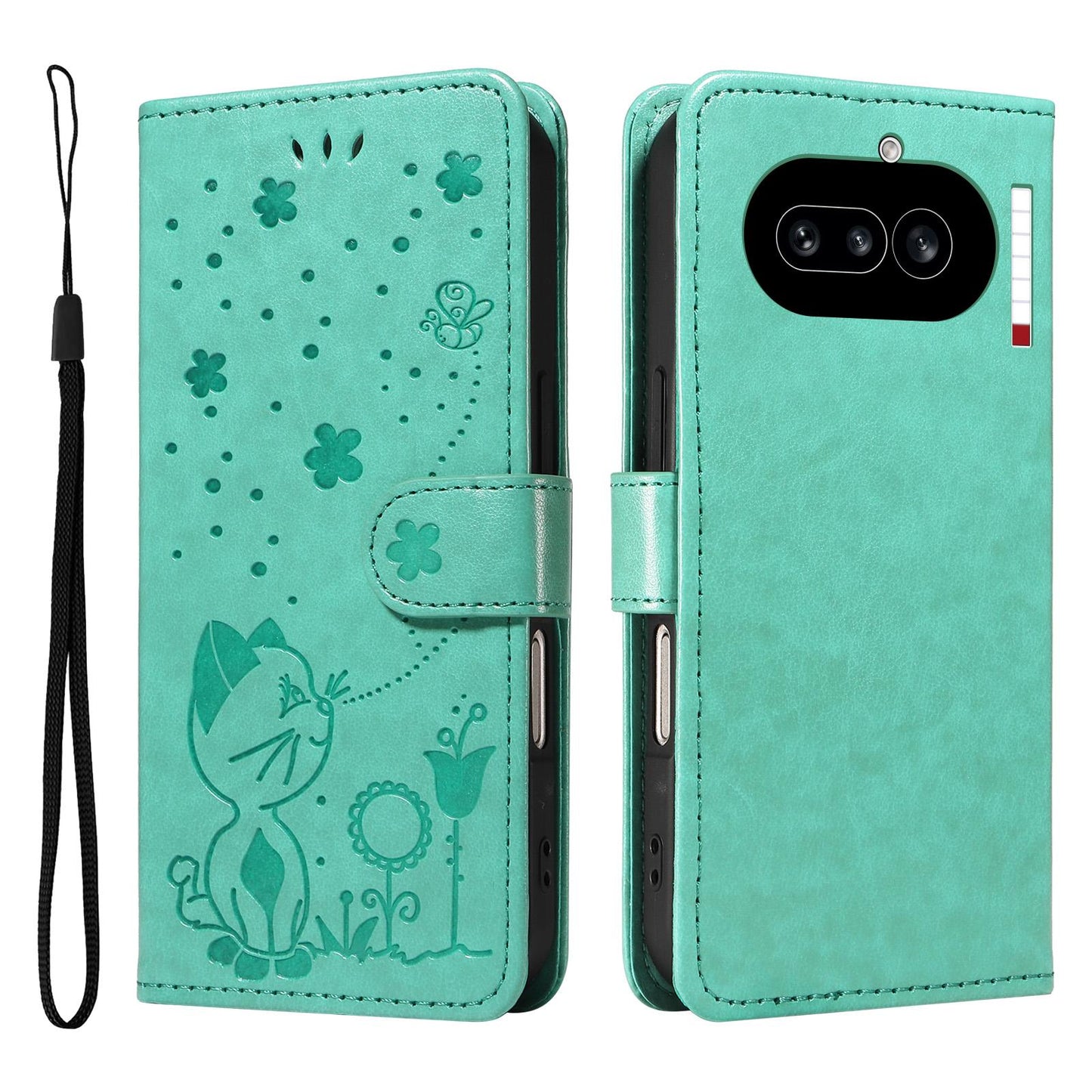 For Nothing Phone 4a Cat and Bee Embossed Flip Leather Phone Case Wallet Cover with Card Slots Cash Pocket Magnetic Stand Protective Shockproof TPU PU Leather Case with Wrist Strap