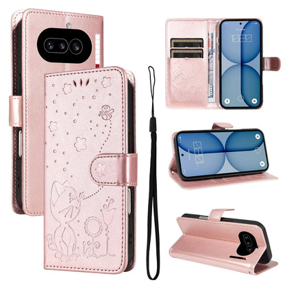 For Nothing Phone 4a Cat and Bee Embossed Flip Leather Phone Case Wallet Cover with Card Slots Cash Pocket Magnetic Stand Protective Shockproof TPU PU Leather Case with Wrist Strap