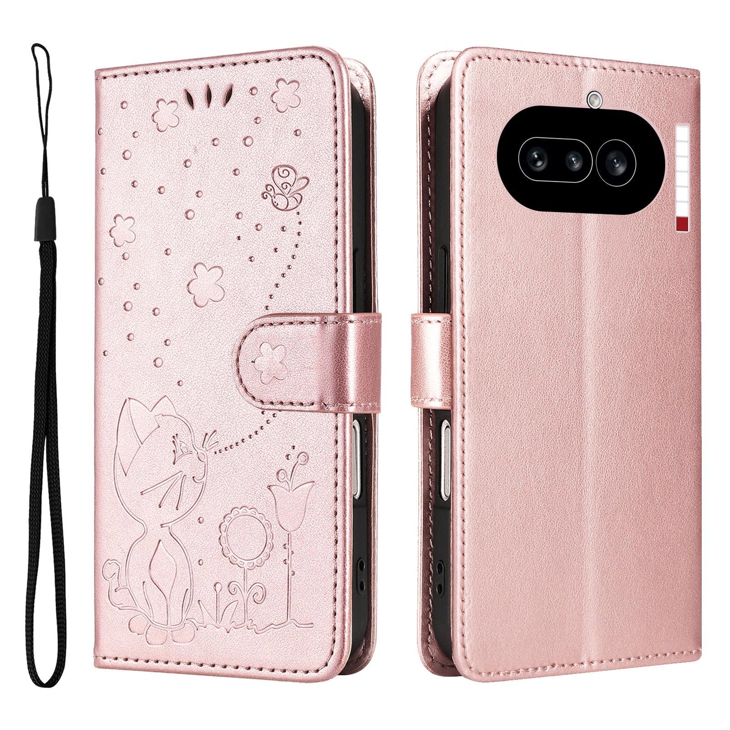 For Nothing Phone 4a Cat and Bee Embossed Flip Leather Phone Case Wallet Cover with Card Slots Cash Pocket Magnetic Stand Protective Shockproof TPU PU Leather Case with Wrist Strap