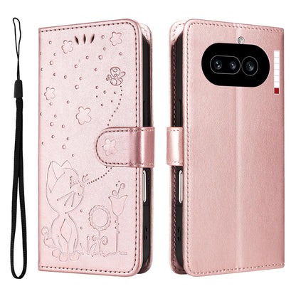 For Nothing Phone 4a Cat and Bee Embossed Flip Leather Phone Case Wallet Cover with Card Slots Cash Pocket Magnetic Stand Protective Shockproof TPU PU Leather Case with Wrist Strap