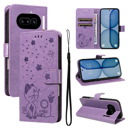 For Nothing Phone 4a Cat and Bee Embossed Flip Leather Phone Case Wallet Cover with Card Slots Cash Pocket Magnetic Stand Protective Shockproof TPU PU Leather Case with Wrist Strap