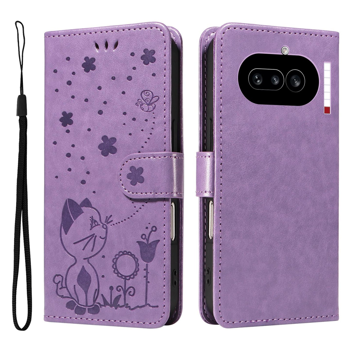 For Nothing Phone 4a Cat and Bee Embossed Flip Leather Phone Case Wallet Cover with Card Slots Cash Pocket Magnetic Stand Protective Shockproof TPU PU Leather Case with Wrist Strap