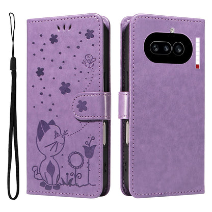 For Nothing Phone 4a Cat and Bee Embossed Flip Leather Phone Case Wallet Cover with Card Slots Cash Pocket Magnetic Stand Protective Shockproof TPU PU Leather Case with Wrist Strap