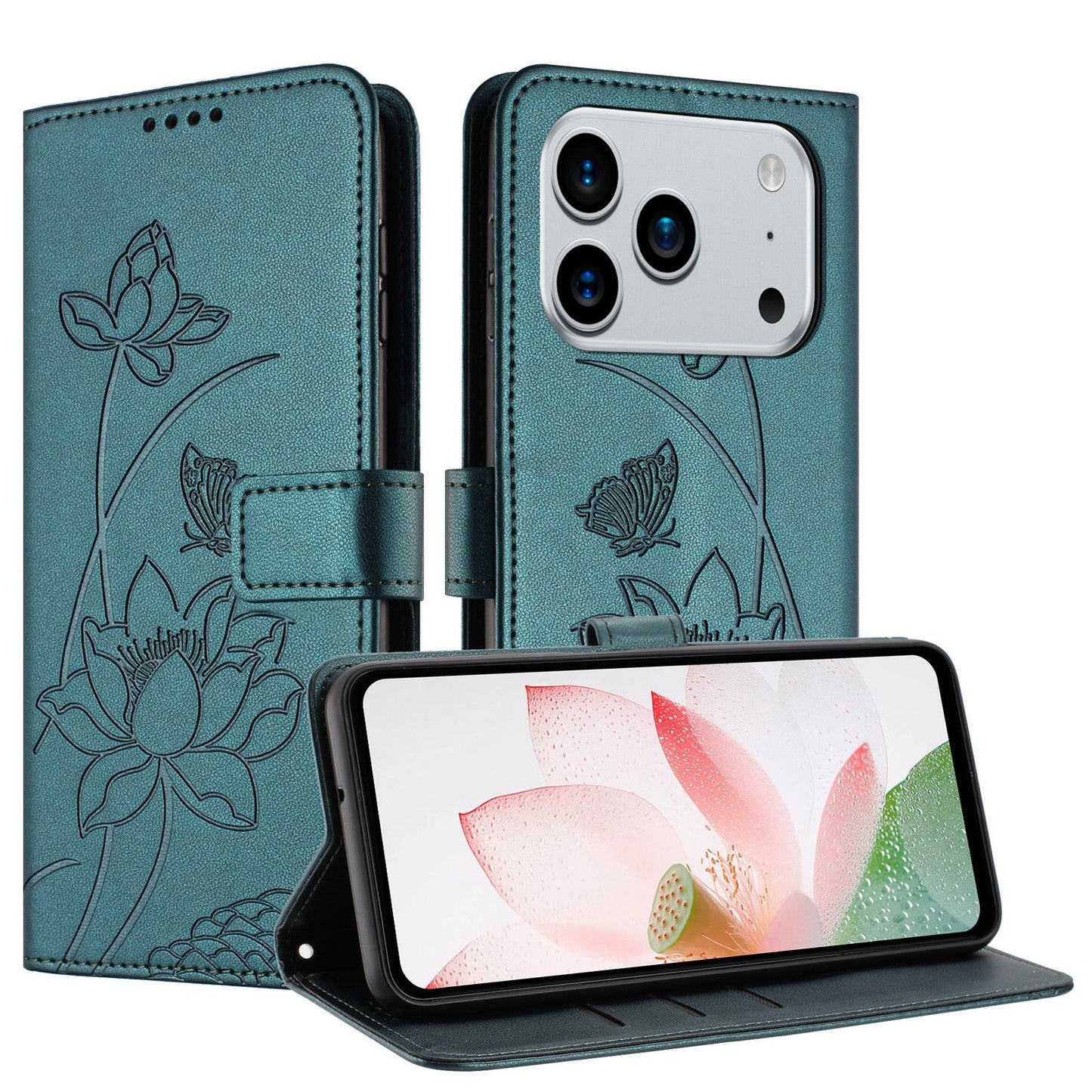 Apple iPhone 17 Pro Max Lotus Embossed PU Leather Wallet Phone Case with Card Holder, Cash Pocket, Magnetic Flip Stand Cover, Wrist Lanyard Strap, Shockproof TPU Protective Folio Case - Purple
