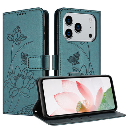 Apple iPhone 17 Pro Max Lotus Embossed PU Leather Wallet Phone Case with Card Holder, Cash Pocket, Magnetic Flip Stand Cover, Wrist Lanyard Strap, Shockproof TPU Protective Folio Case - Purple