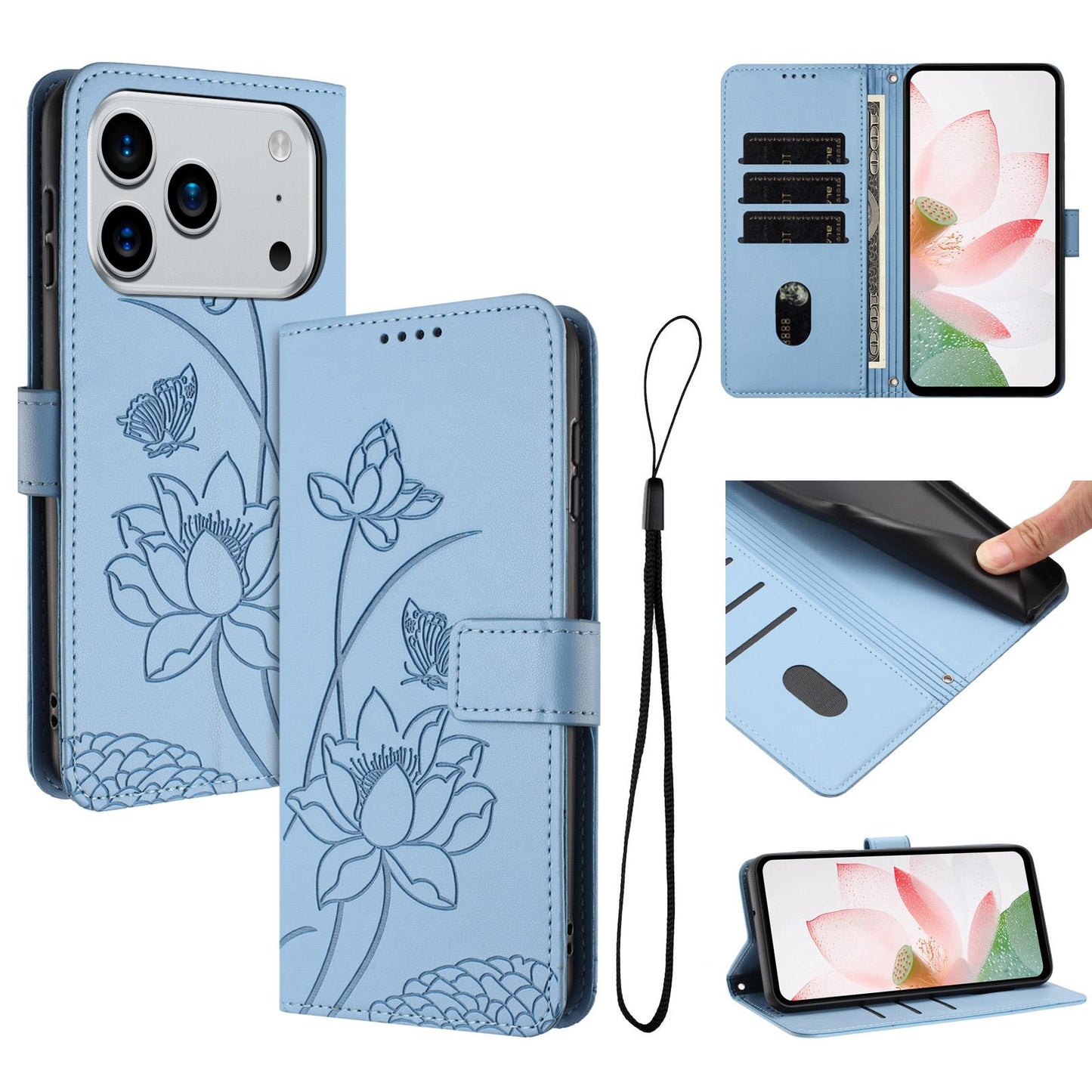 Apple iPhone 17 Pro Lotus Embossed PU Leather Wallet Phone Case with Card Holder, Cash Pocket, Magnetic Flip Stand Cover, Wrist Lanyard Strap, Shockproof TPU Protective Folio Case - Purple
