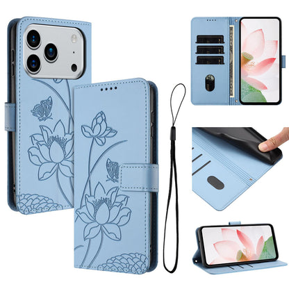Apple iPhone 17 Pro Lotus Embossed PU Leather Wallet Phone Case with Card Holder, Cash Pocket, Magnetic Flip Stand Cover, Wrist Lanyard Strap, Shockproof TPU Protective Folio Case - Purple