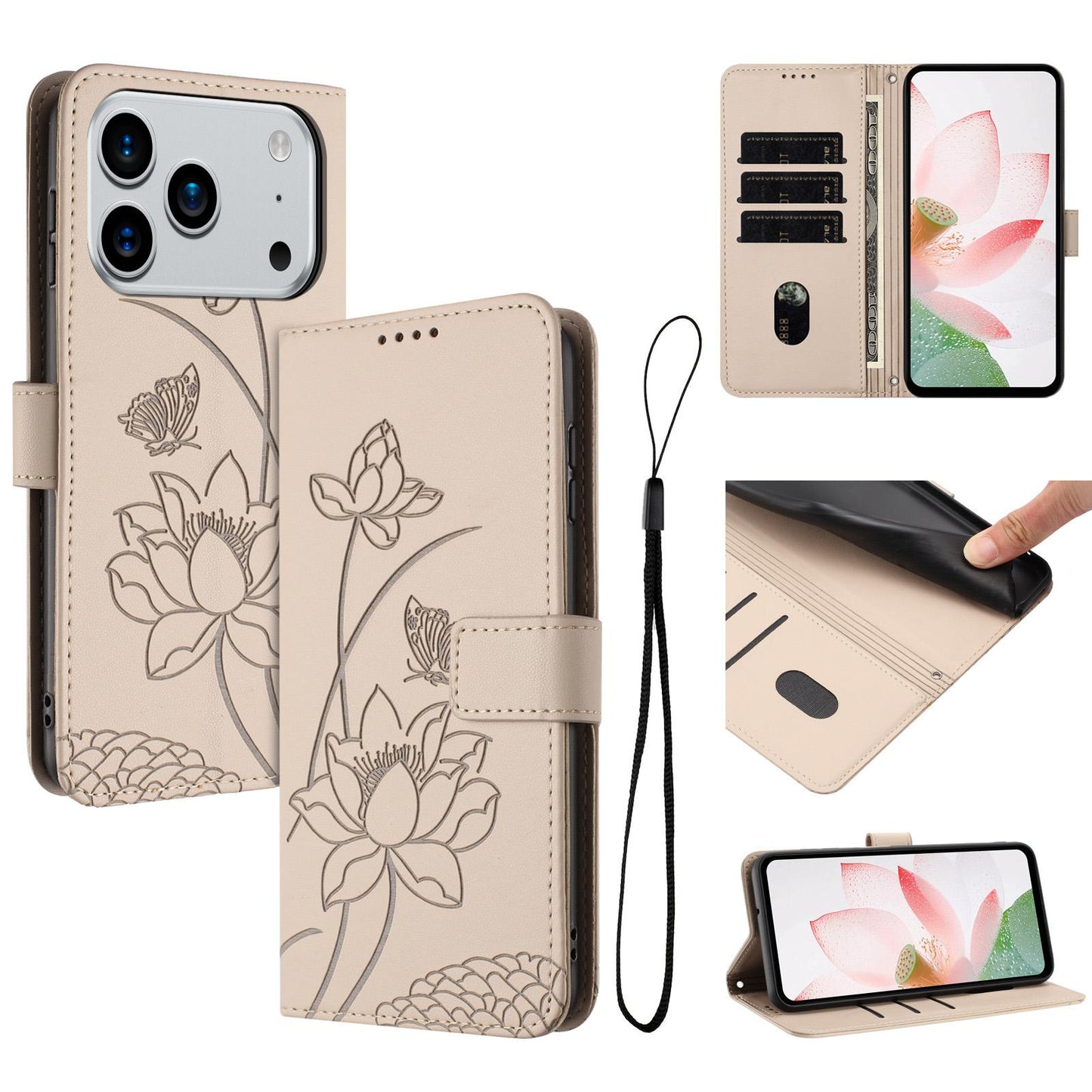 Apple iPhone 17 Pro Lotus Embossed PU Leather Wallet Phone Case with Card Holder, Cash Pocket, Magnetic Flip Stand Cover, Wrist Lanyard Strap, Shockproof TPU Protective Folio Case - Purple