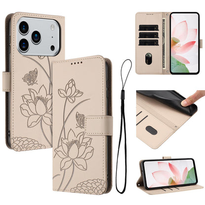 Apple iPhone 17 Pro Lotus Embossed PU Leather Wallet Phone Case with Card Holder, Cash Pocket, Magnetic Flip Stand Cover, Wrist Lanyard Strap, Shockproof TPU Protective Folio Case - Purple