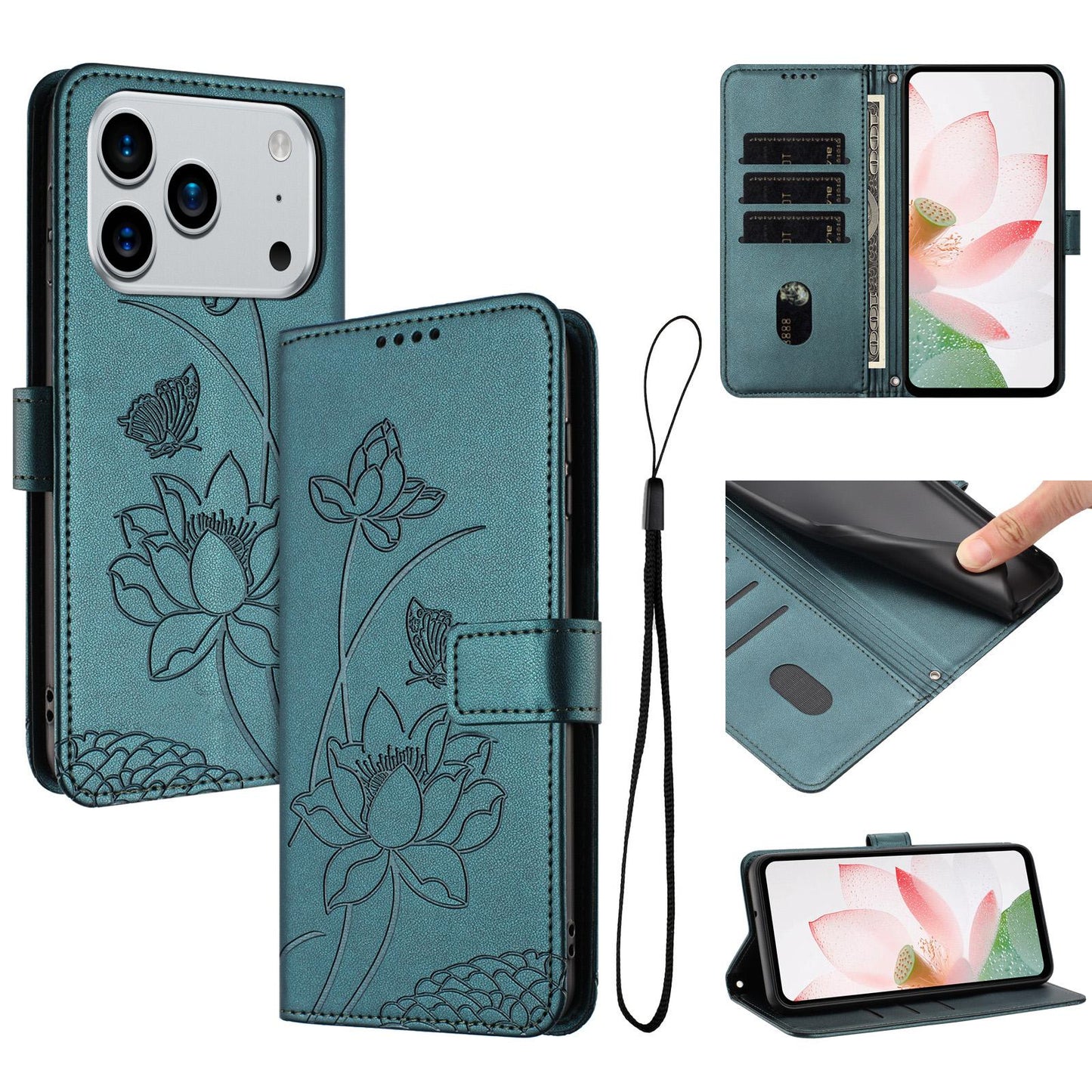 Apple iPhone 17 Pro Lotus Embossed PU Leather Wallet Phone Case with Card Holder, Cash Pocket, Magnetic Flip Stand Cover, Wrist Lanyard Strap, Shockproof TPU Protective Folio Case - Purple
