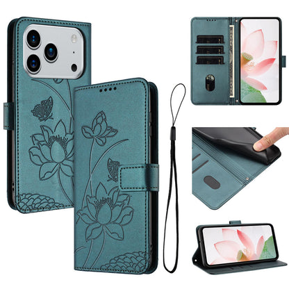 Apple iPhone 17 Pro Lotus Embossed PU Leather Wallet Phone Case with Card Holder, Cash Pocket, Magnetic Flip Stand Cover, Wrist Lanyard Strap, Shockproof TPU Protective Folio Case - Purple