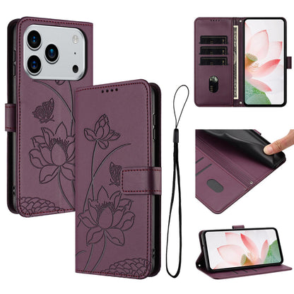 Apple iPhone 17 Pro Lotus Embossed PU Leather Wallet Phone Case with Card Holder, Cash Pocket, Magnetic Flip Stand Cover, Wrist Lanyard Strap, Shockproof TPU Protective Folio Case - Purple