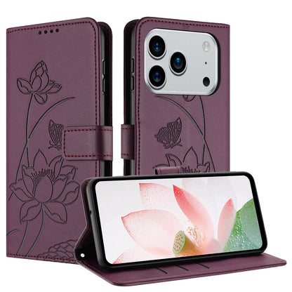 Apple iPhone 17 Pro Lotus Embossed PU Leather Wallet Phone Case with Card Holder, Cash Pocket, Magnetic Flip Stand Cover, Wrist Lanyard Strap, Shockproof TPU Protective Folio Case - Purple
