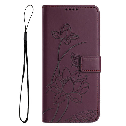 Apple iPhone 17 Pro Lotus Embossed PU Leather Wallet Phone Case with Card Holder, Cash Pocket, Magnetic Flip Stand Cover, Wrist Lanyard Strap, Shockproof TPU Protective Folio Case - Purple