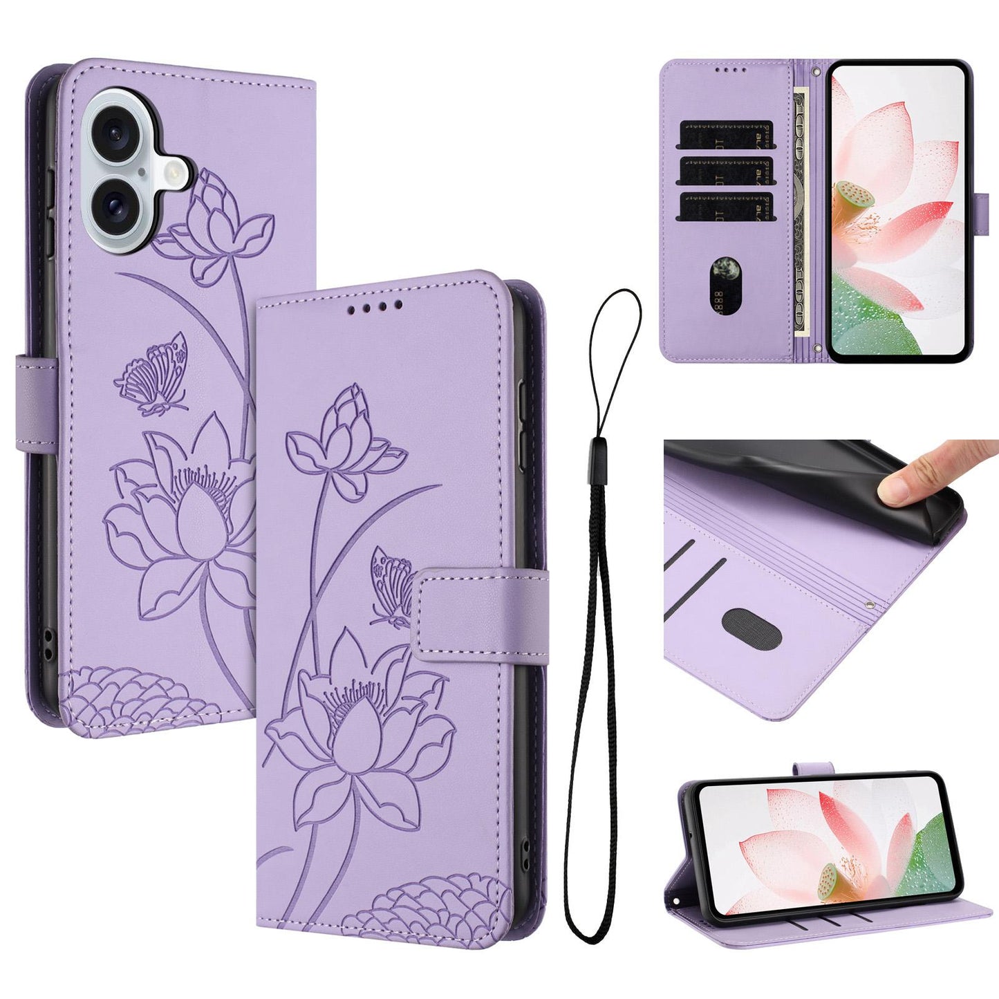 Apple iPhone 17 Lotus Embossed PU Leather Wallet Phone Case with Card Holder, Cash Pocket, Magnetic Flip Stand Cover, Wrist Lanyard Strap, Shockproof TPU Protective Folio Case - Purple