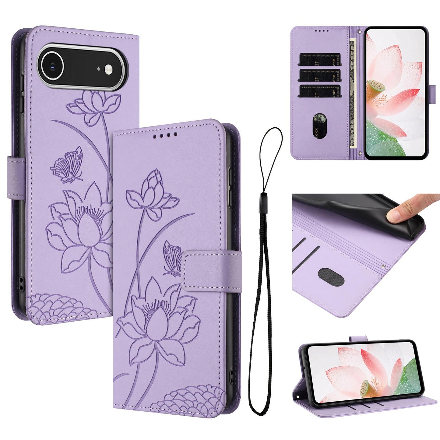 Apple iPhone Air Lotus Embossed PU Leather Wallet Phone Case with Card Holder, Cash Pocket, Magnetic Flip Stand Cover, Wrist Lanyard Strap, Shockproof TPU Protective Folio Case - Purple