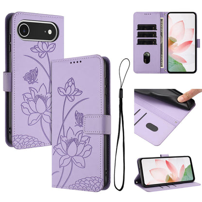 Apple iPhone Air Lotus Embossed PU Leather Wallet Phone Case with Card Holder, Cash Pocket, Magnetic Flip Stand Cover, Wrist Lanyard Strap, Shockproof TPU Protective Folio Case - Purple