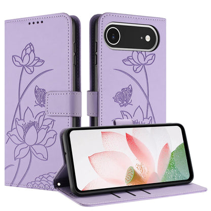 Apple iPhone Air Lotus Embossed PU Leather Wallet Phone Case with Card Holder, Cash Pocket, Magnetic Flip Stand Cover, Wrist Lanyard Strap, Shockproof TPU Protective Folio Case - Purple