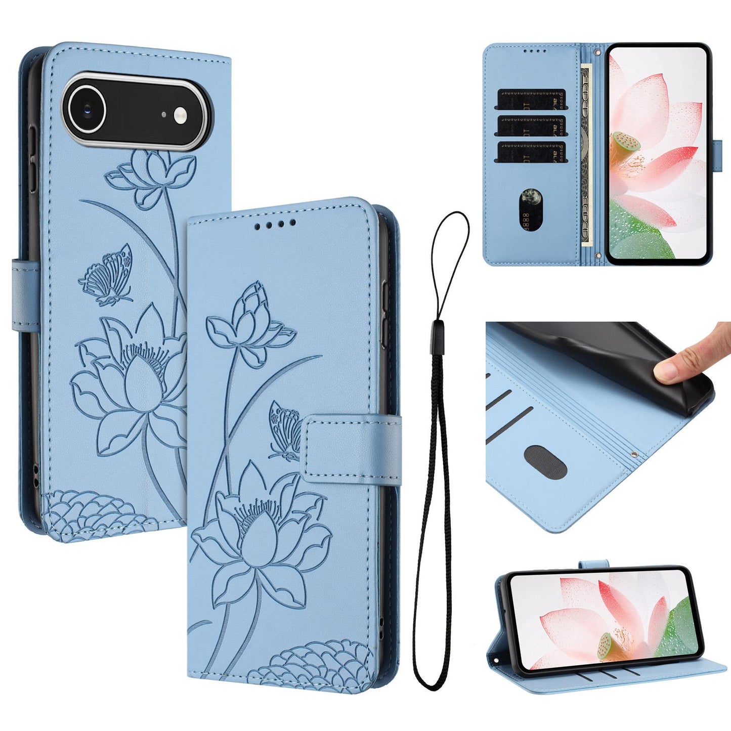 Apple iPhone Air Lotus Embossed PU Leather Wallet Phone Case with Card Holder, Cash Pocket, Magnetic Flip Stand Cover, Wrist Lanyard Strap, Shockproof TPU Protective Folio Case - Purple