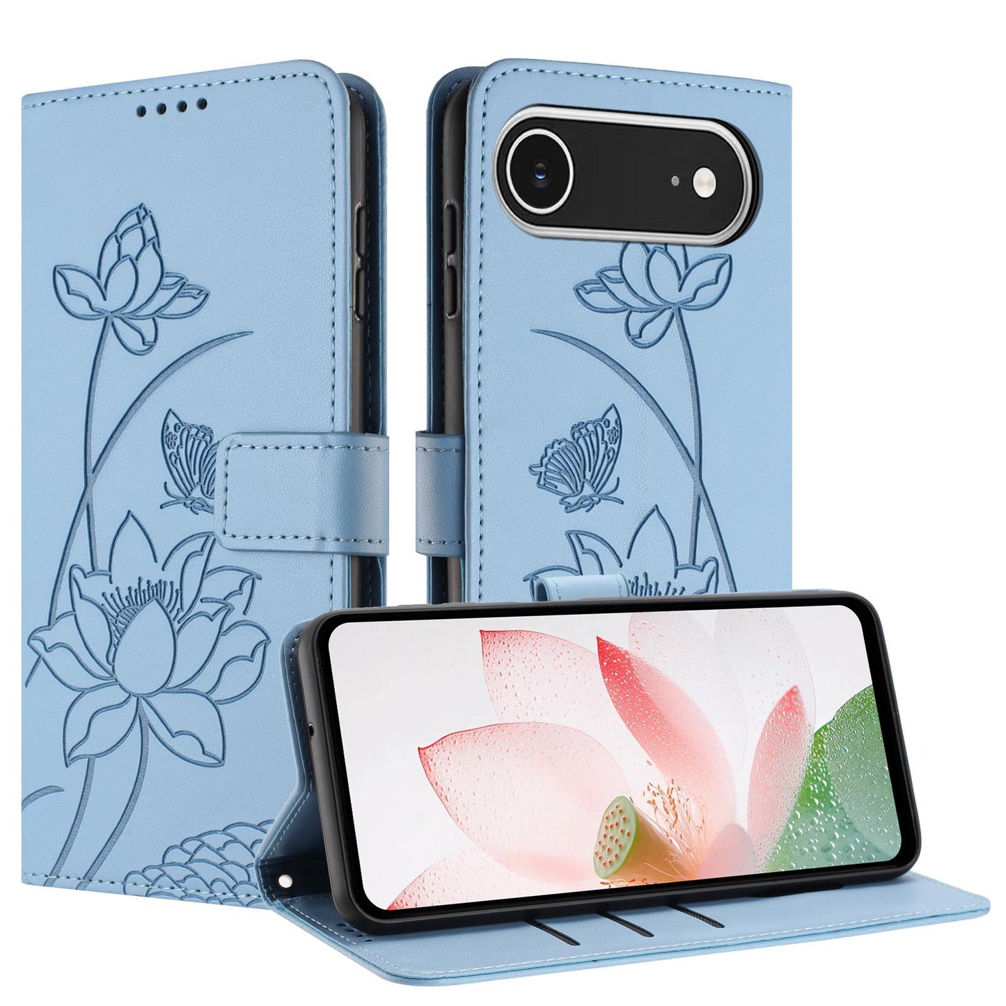 Apple iPhone Air Lotus Embossed PU Leather Wallet Phone Case with Card Holder, Cash Pocket, Magnetic Flip Stand Cover, Wrist Lanyard Strap, Shockproof TPU Protective Folio Case - Purple