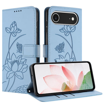 Apple iPhone Air Lotus Embossed PU Leather Wallet Phone Case with Card Holder, Cash Pocket, Magnetic Flip Stand Cover, Wrist Lanyard Strap, Shockproof TPU Protective Folio Case - Purple