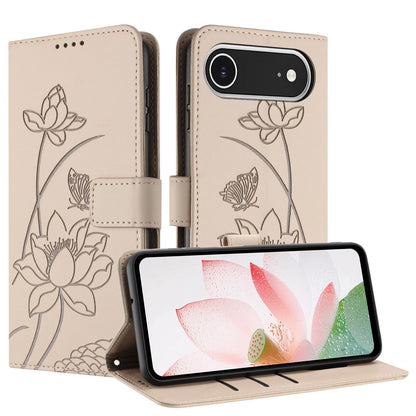 Apple iPhone Air Lotus Embossed PU Leather Wallet Phone Case with Card Holder, Cash Pocket, Magnetic Flip Stand Cover, Wrist Lanyard Strap, Shockproof TPU Protective Folio Case - Purple