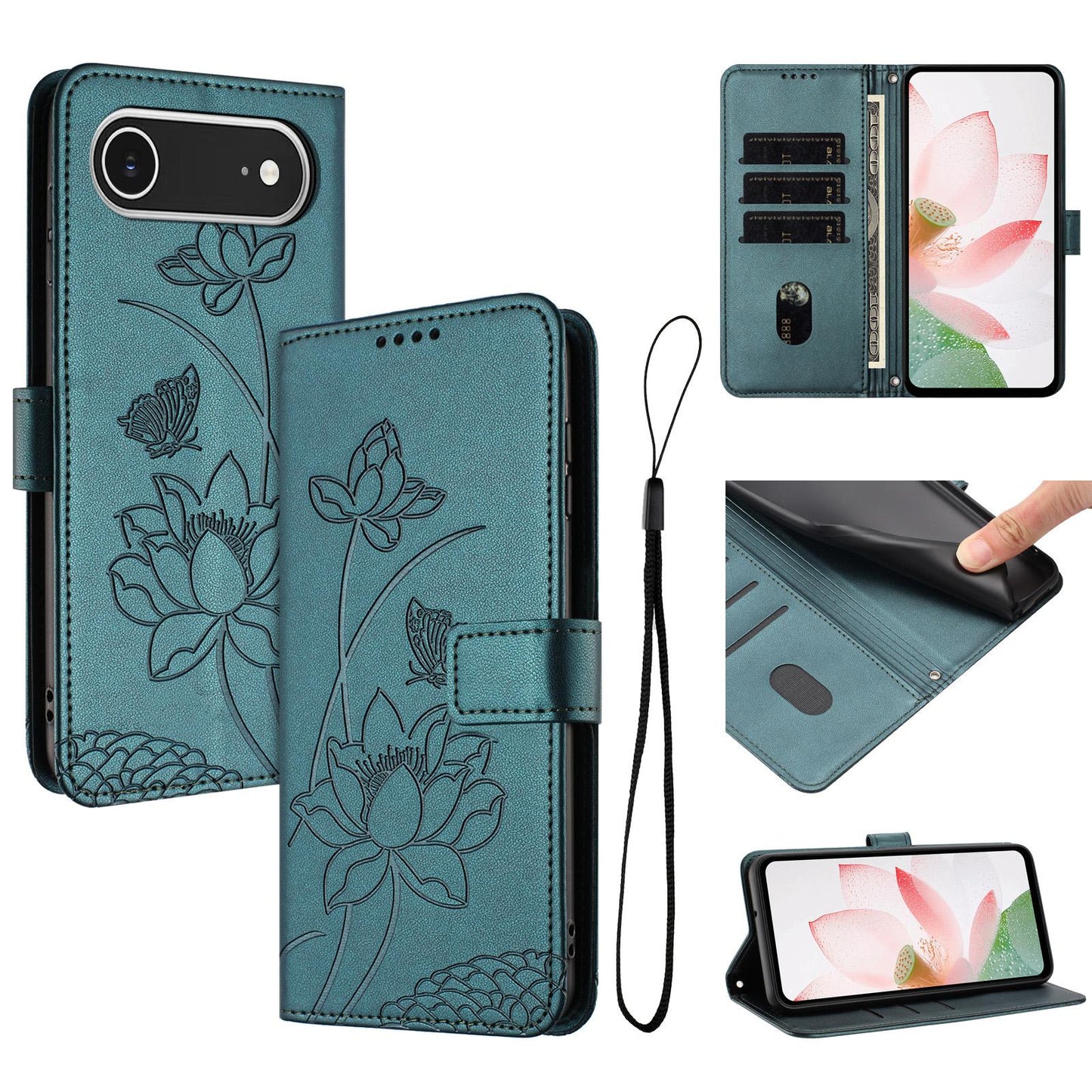 Apple iPhone Air Lotus Embossed PU Leather Wallet Phone Case with Card Holder, Cash Pocket, Magnetic Flip Stand Cover, Wrist Lanyard Strap, Shockproof TPU Protective Folio Case - Purple