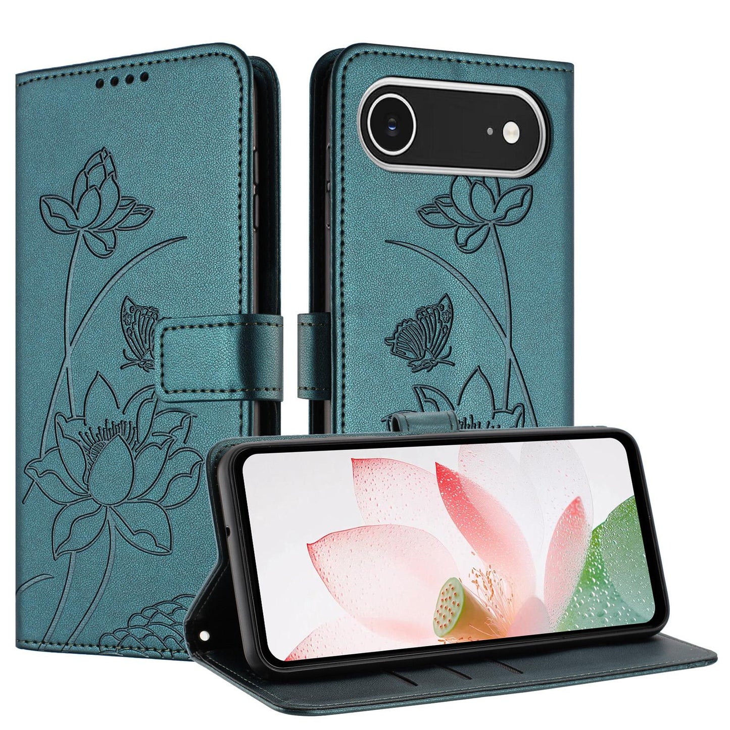 Apple iPhone Air Lotus Embossed PU Leather Wallet Phone Case with Card Holder, Cash Pocket, Magnetic Flip Stand Cover, Wrist Lanyard Strap, Shockproof TPU Protective Folio Case - Purple