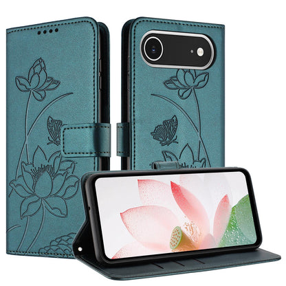 Apple iPhone Air Lotus Embossed PU Leather Wallet Phone Case with Card Holder, Cash Pocket, Magnetic Flip Stand Cover, Wrist Lanyard Strap, Shockproof TPU Protective Folio Case - Purple