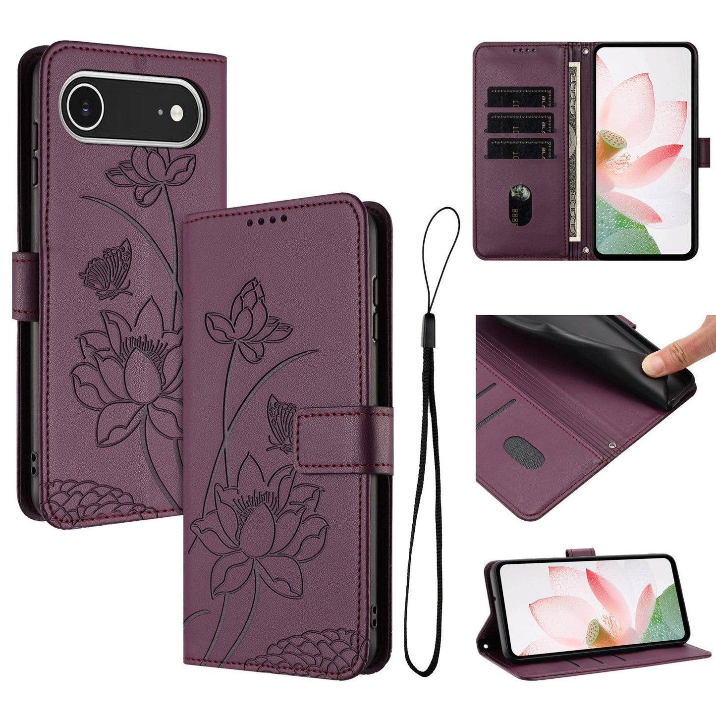 Apple iPhone Air Lotus Embossed PU Leather Wallet Phone Case with Card Holder, Cash Pocket, Magnetic Flip Stand Cover, Wrist Lanyard Strap, Shockproof TPU Protective Folio Case - Purple