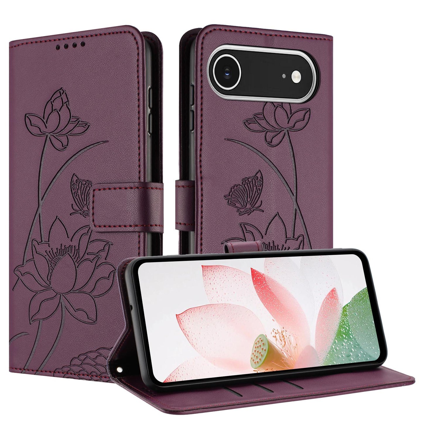 Apple iPhone Air Lotus Embossed PU Leather Wallet Phone Case with Card Holder, Cash Pocket, Magnetic Flip Stand Cover, Wrist Lanyard Strap, Shockproof TPU Protective Folio Case - Purple