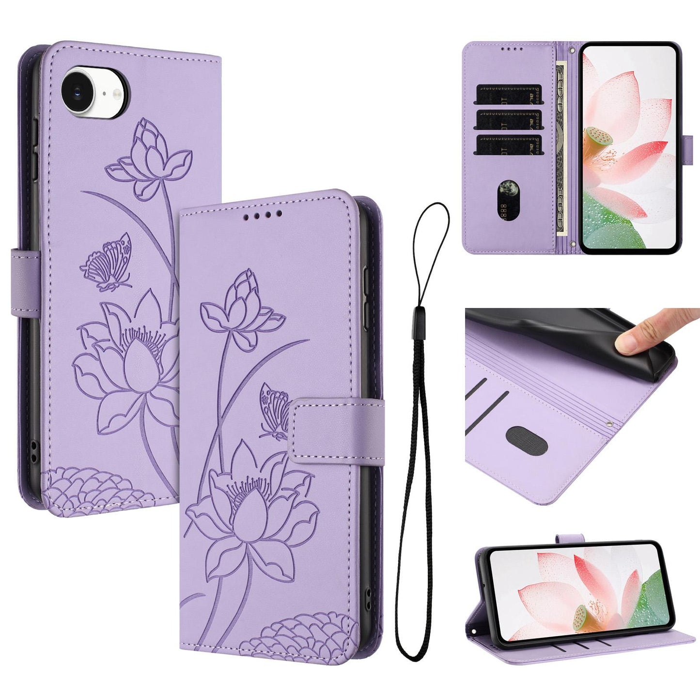 Apple iPhone 17e Lotus Embossed PU Leather Wallet Phone Case with Card Holder, Cash Pocket, Magnetic Flip Stand Cover, Wrist Lanyard Strap, Shockproof TPU Protective Folio Case - Purple