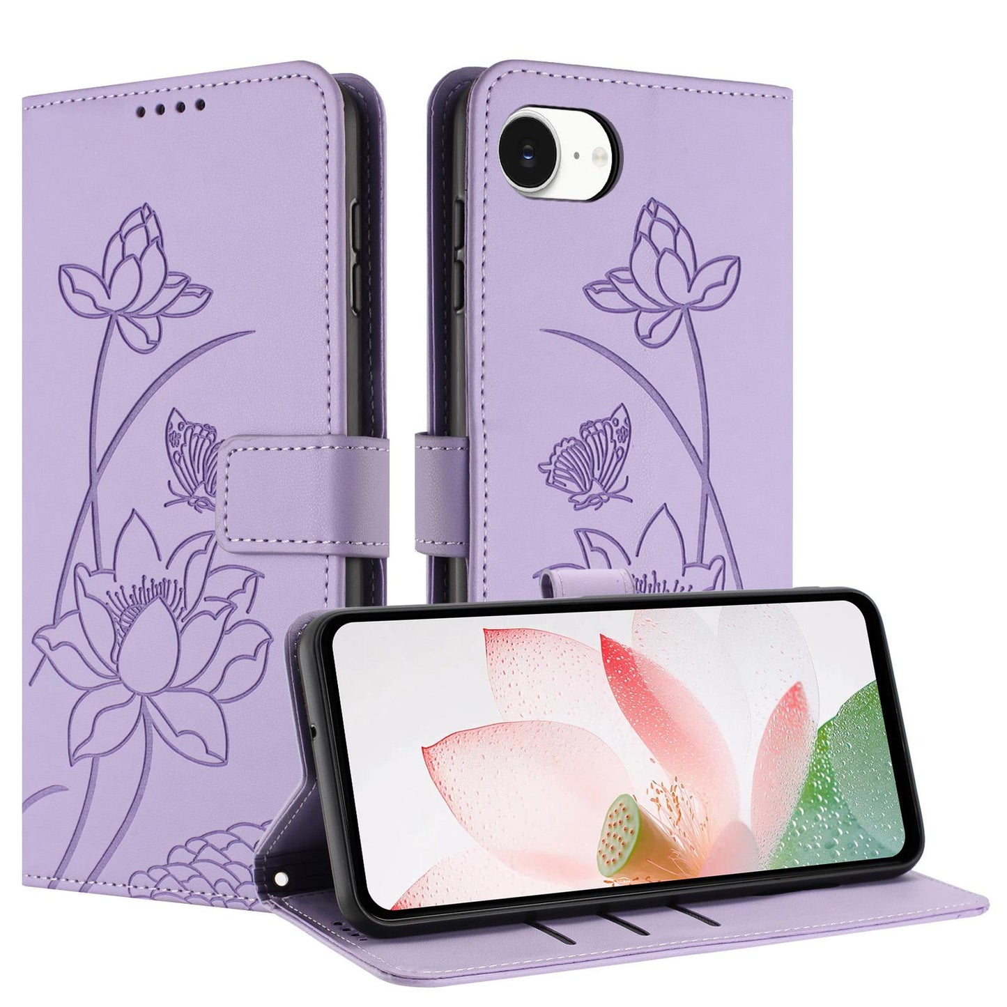 Apple iPhone 17e Lotus Embossed PU Leather Wallet Phone Case with Card Holder, Cash Pocket, Magnetic Flip Stand Cover, Wrist Lanyard Strap, Shockproof TPU Protective Folio Case - Purple