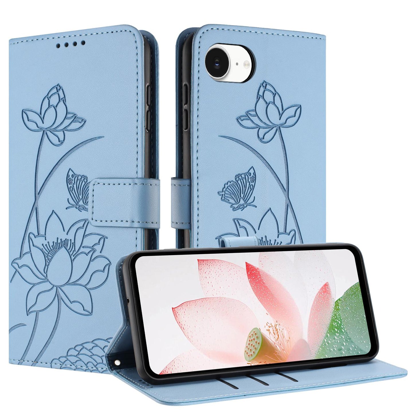 Apple iPhone 17e Lotus Embossed PU Leather Wallet Phone Case with Card Holder, Cash Pocket, Magnetic Flip Stand Cover, Wrist Lanyard Strap, Shockproof TPU Protective Folio Case - Purple