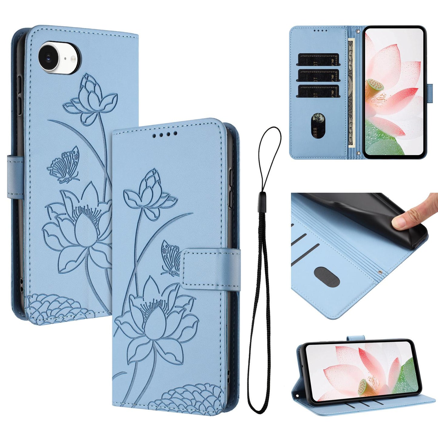 Apple iPhone 16e Lotus Embossed PU Leather Wallet Phone Case with Card Holder, Cash Pocket, Magnetic Flip Stand Cover, Wrist Lanyard Strap, Shockproof TPU Protective Folio Case - Purple