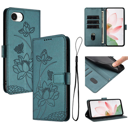 Apple iPhone 17e Lotus Embossed PU Leather Wallet Phone Case with Card Holder, Cash Pocket, Magnetic Flip Stand Cover, Wrist Lanyard Strap, Shockproof TPU Protective Folio Case - Purple