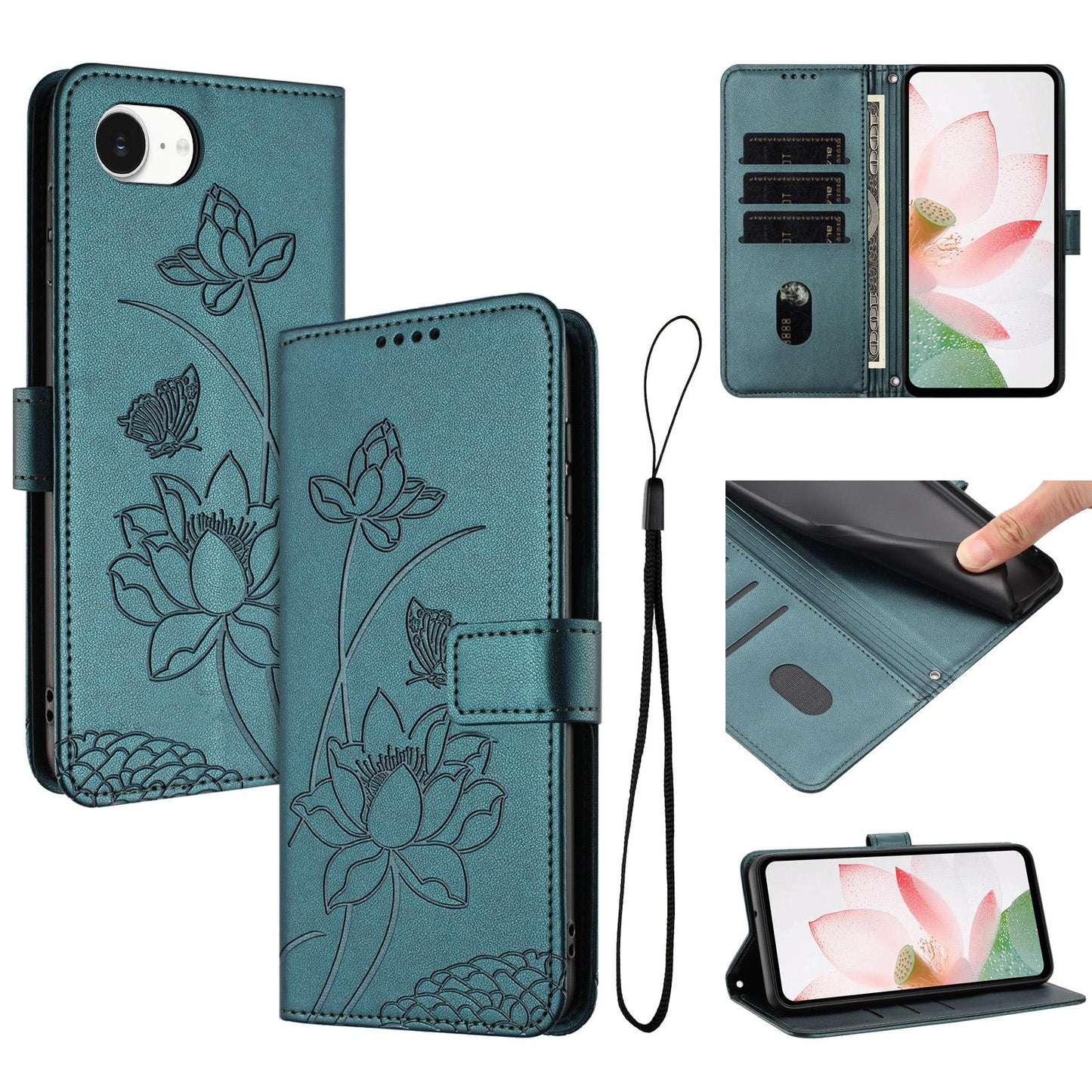 Apple iPhone 16e Lotus Embossed PU Leather Wallet Phone Case with Card Holder, Cash Pocket, Magnetic Flip Stand Cover, Wrist Lanyard Strap, Shockproof TPU Protective Folio Case - Purple