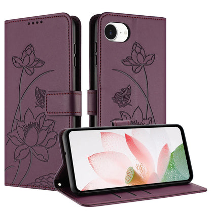 Apple iPhone 17e Lotus Embossed PU Leather Wallet Phone Case with Card Holder, Cash Pocket, Magnetic Flip Stand Cover, Wrist Lanyard Strap, Shockproof TPU Protective Folio Case - Purple