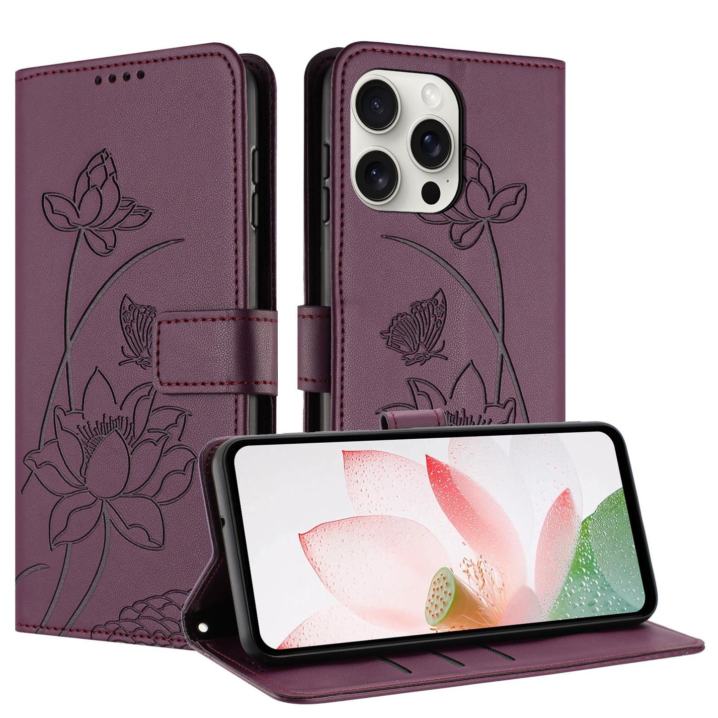 Apple iPhone 16 Pro Max Lotus Embossed PU Leather Wallet Phone Case with Card Holder, Cash Pocket, Magnetic Flip Stand Cover, Wrist Lanyard Strap, Shockproof TPU Protective Folio Case - Purple