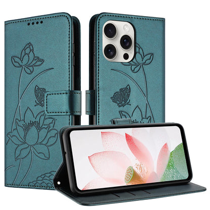 Apple iPhone 16 Pro Lotus Embossed PU Leather Wallet Phone Case with Card Holder, Cash Pocket, Magnetic Flip Stand Cover, Wrist Lanyard Strap, Shockproof TPU Protective Folio Case - Purple