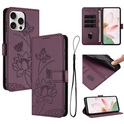 Apple iPhone 16 Pro Lotus Embossed PU Leather Wallet Phone Case with Card Holder, Cash Pocket, Magnetic Flip Stand Cover, Wrist Lanyard Strap, Shockproof TPU Protective Folio Case - Purple