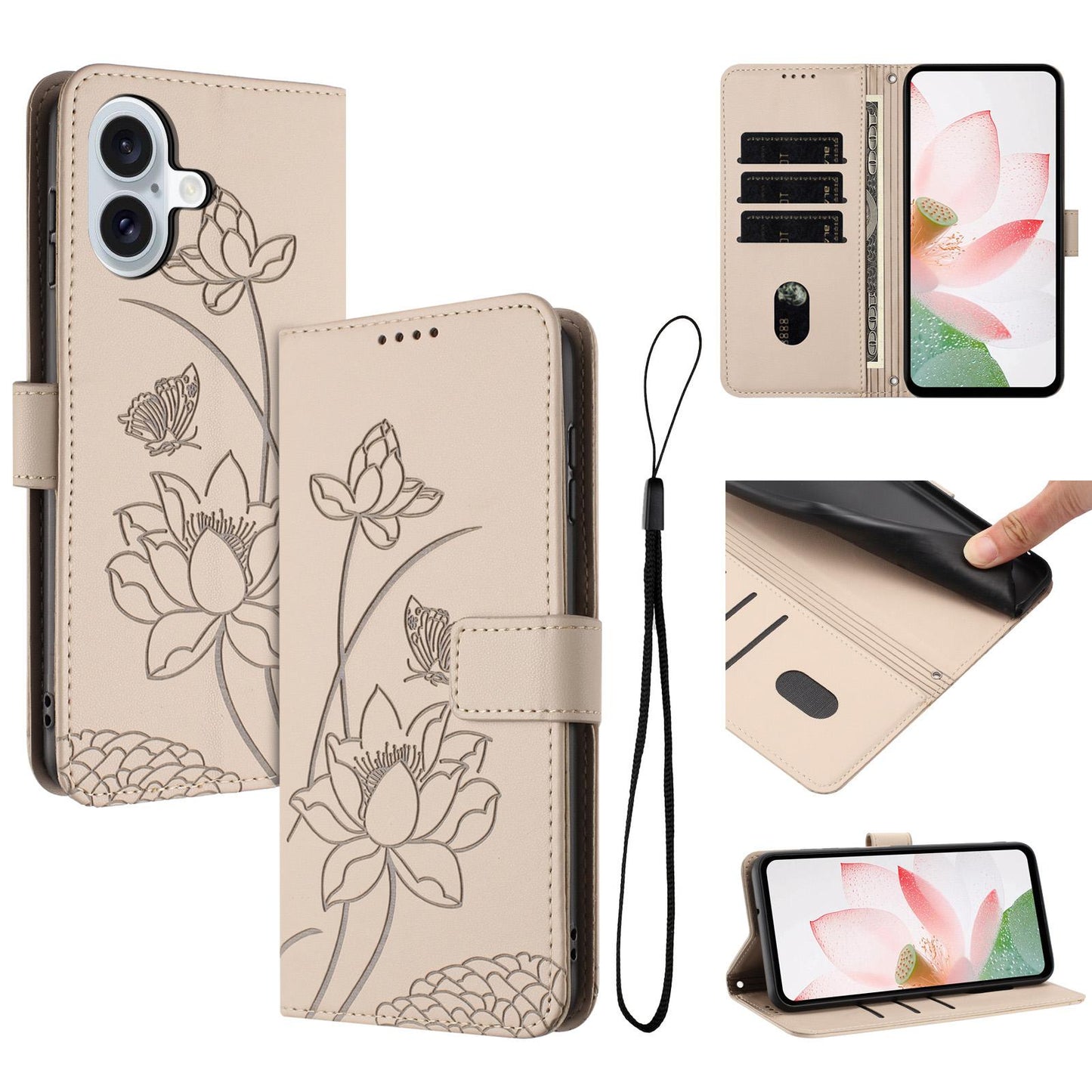 Apple iPhone 16 Plus Lotus Embossed PU Leather Wallet Phone Case with Card Holder, Cash Pocket, Magnetic Flip Stand Cover, Wrist Lanyard Strap, Shockproof TPU Protective Folio Case - Purple
